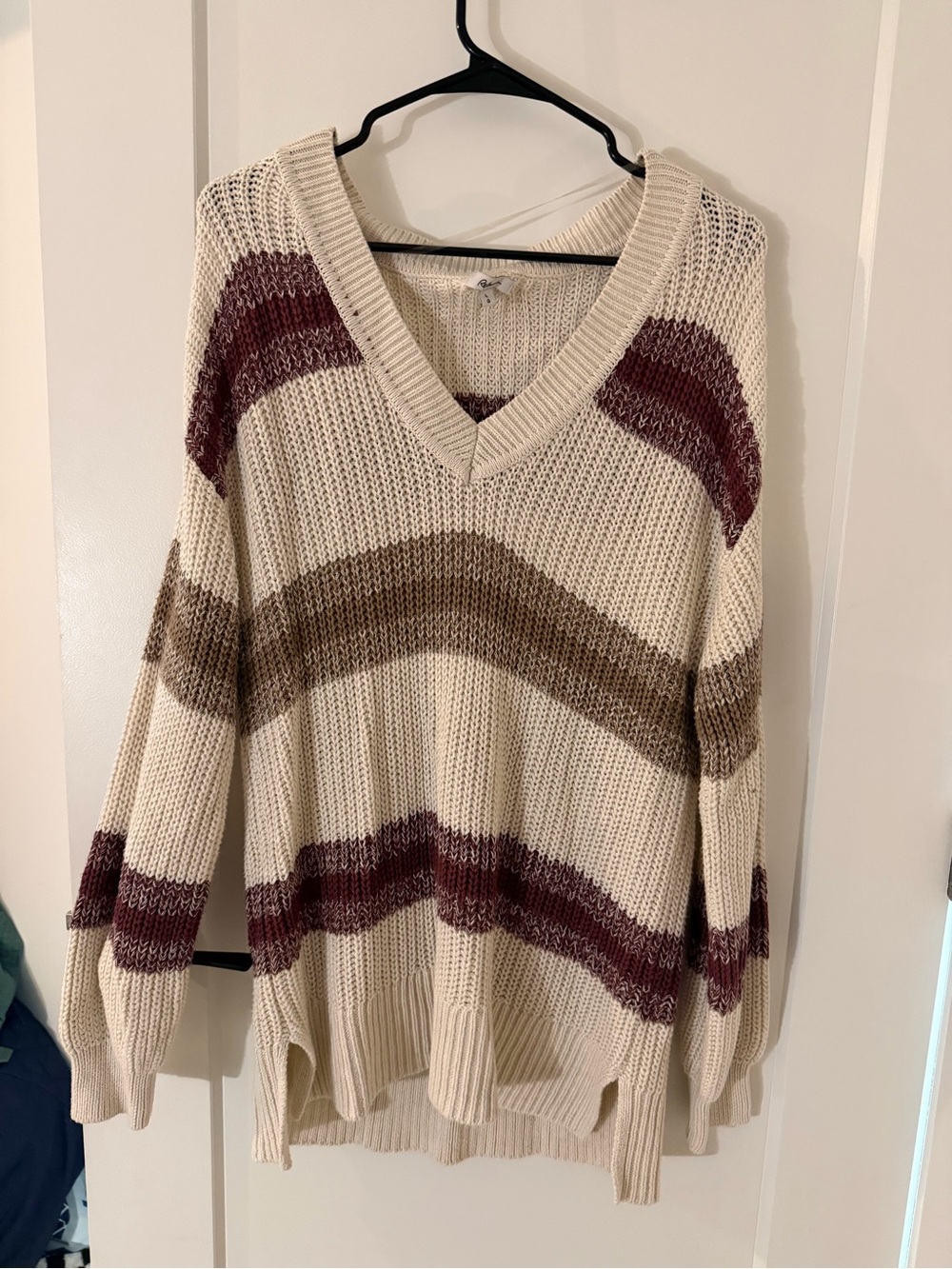 Reitmans Cream V-Neck Sweater with Burgundy and Brown Stripes